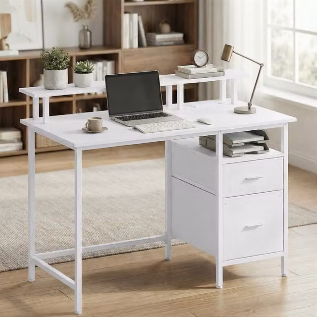 VASAGLE Modern Gaming Desk with LED Lights in Maple White
