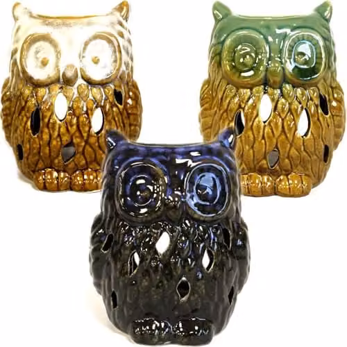 Ancient Wisdom KDMD Classic Rustic Ceramic Owl Oil Burner for Tealights in Brown and Multicolour – 1