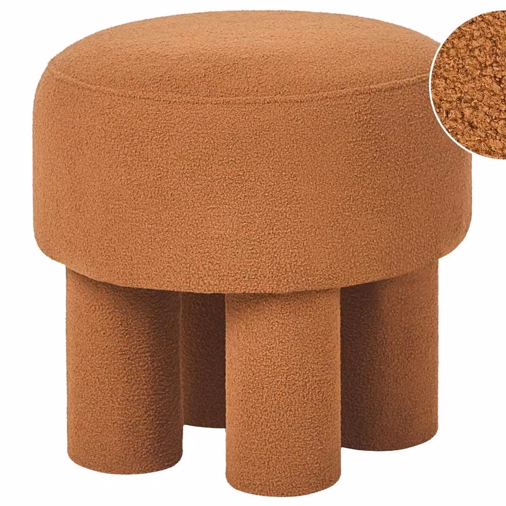 Wyld and Coco Orange Bouclé Round Footstool Pouffe with Upholstered Wood Base, W/D/H: 43 x 43 x 43 cm – 2