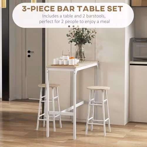 HOMCOM 3 Piece Industrial Bar Table and Chair Set in Oak and White – 2