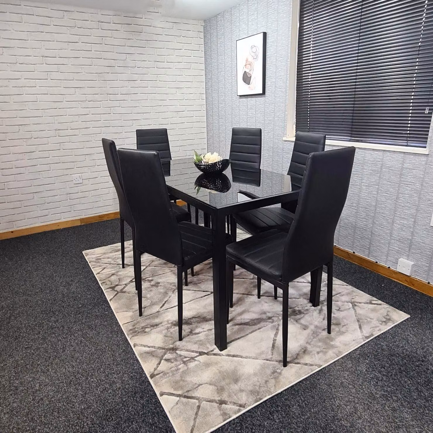KOSY KOALA Modern Rectangular Dining Set with Black Glass Table and 6 Brown Faux Leather Chairs, W/D/H: 180 x 90 x 75 cm – 6