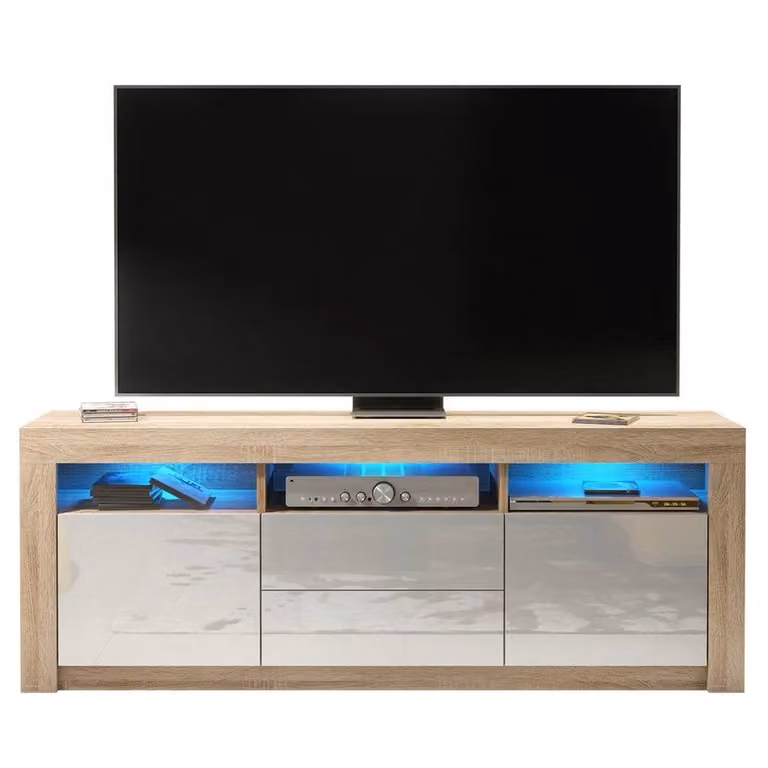 FORGEVIO Modern White Glossy Wood TV Unit and Sideboard Cabinet with Integrated Lighting