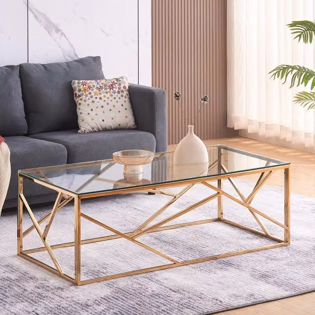 Comfy Living Modern Rectangular Glass and Metal Coffee Table in Gold