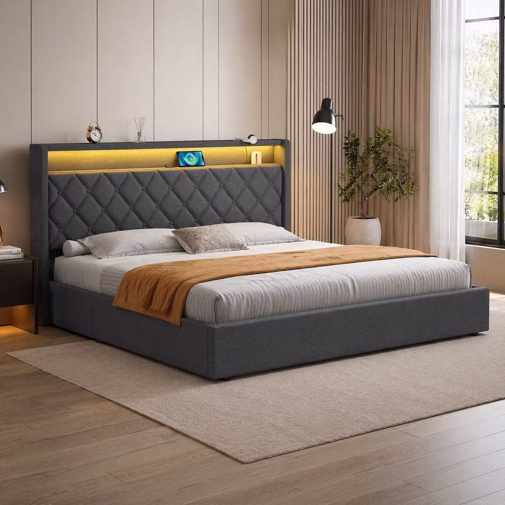 STILVORA King Size Ottoman Bed in Grey with LED Under-Bed Lighting and USB Charging Station, W/D/H: 180 x 152.4 x 120.5 cm – 2