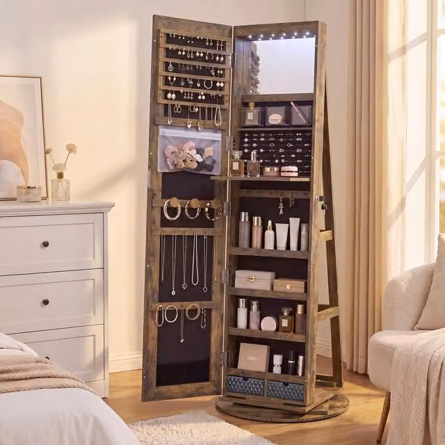 SONGMICS LED 360 Swivel Mirror Jewellery Cabinet in Bronze, W/D/H: 55 x 55 x 162 cm
