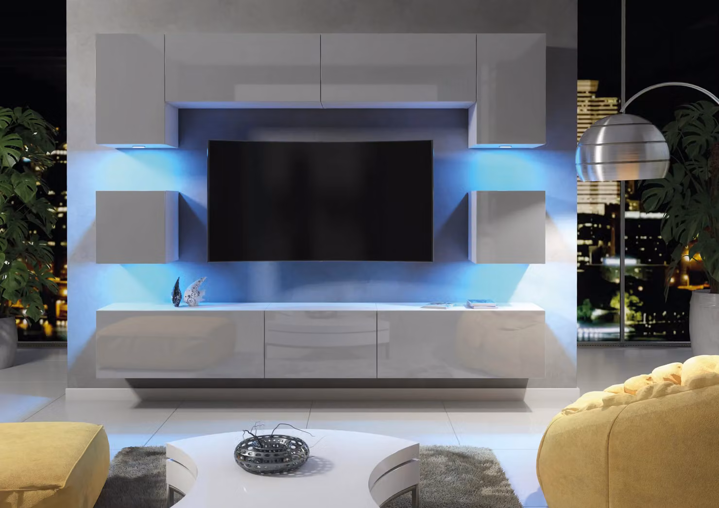 Mex Furniture LTD Modern Grey Glossy TV Wall Unit with Integrated LED Lighting and Hinged Doors, W: 242 cm, H: 35 cm, D: 207 cm – 2