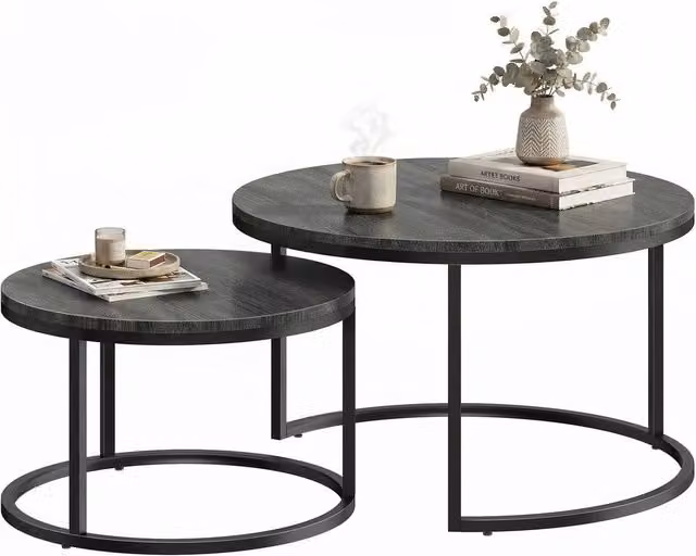 VOGREX Black Wood Grain Round Stacking Coffee Tables with Steel Frame, Set of 2 – 1
