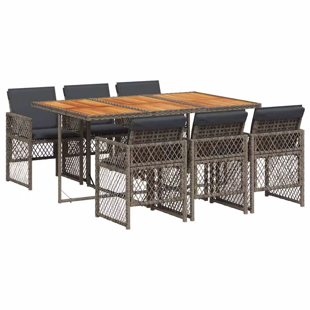 Berkfield Home 7 Piece Grey Poly Rattan Garden Dining Set with Acacia Wood Table and Cushions – 2
