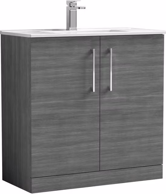 Balterley Anthracite Grey Freestanding Bathroom Floor Vanity Unit with 2 Soft Close Doors and Vitreous China Basin, Width: 80 cm
