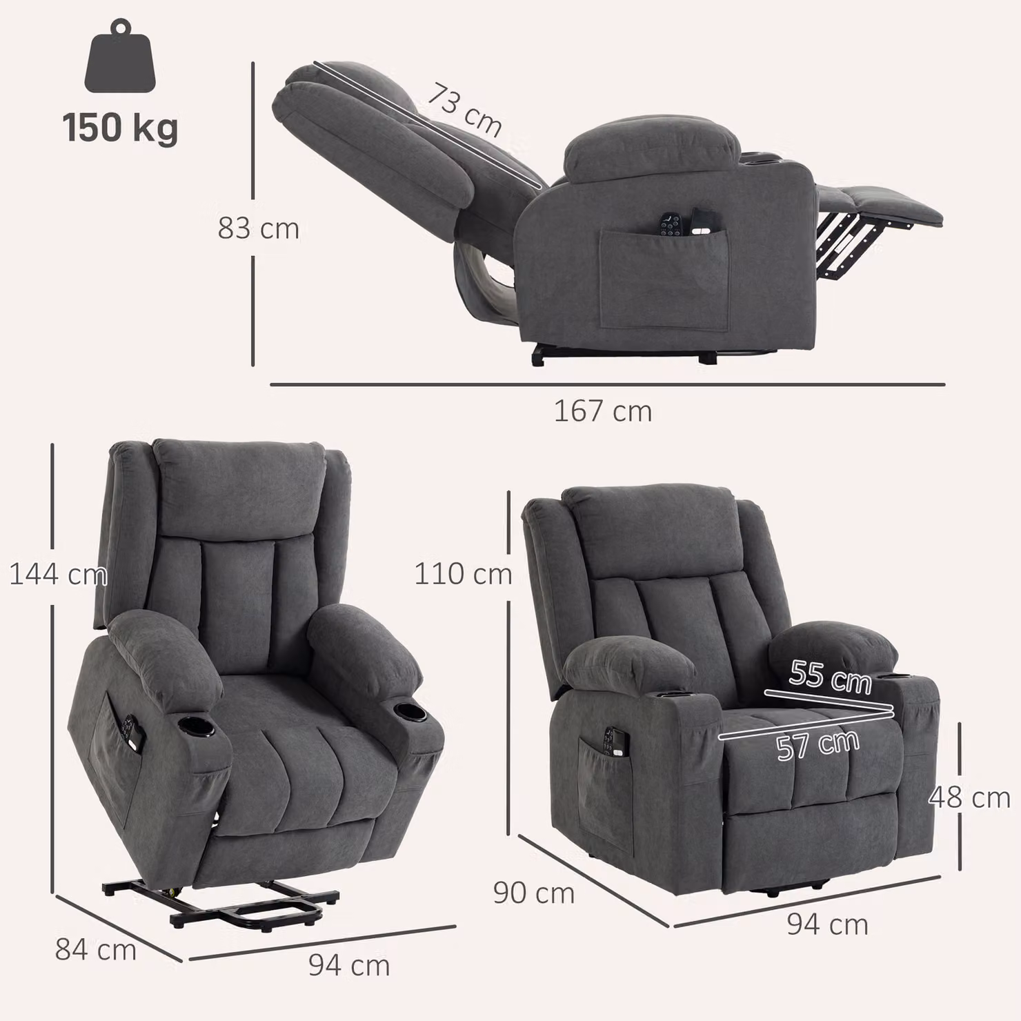 HOMCOM Dual Motor Electric Lift Recliner Chair with Massage and Heat, Dark Grey – 3