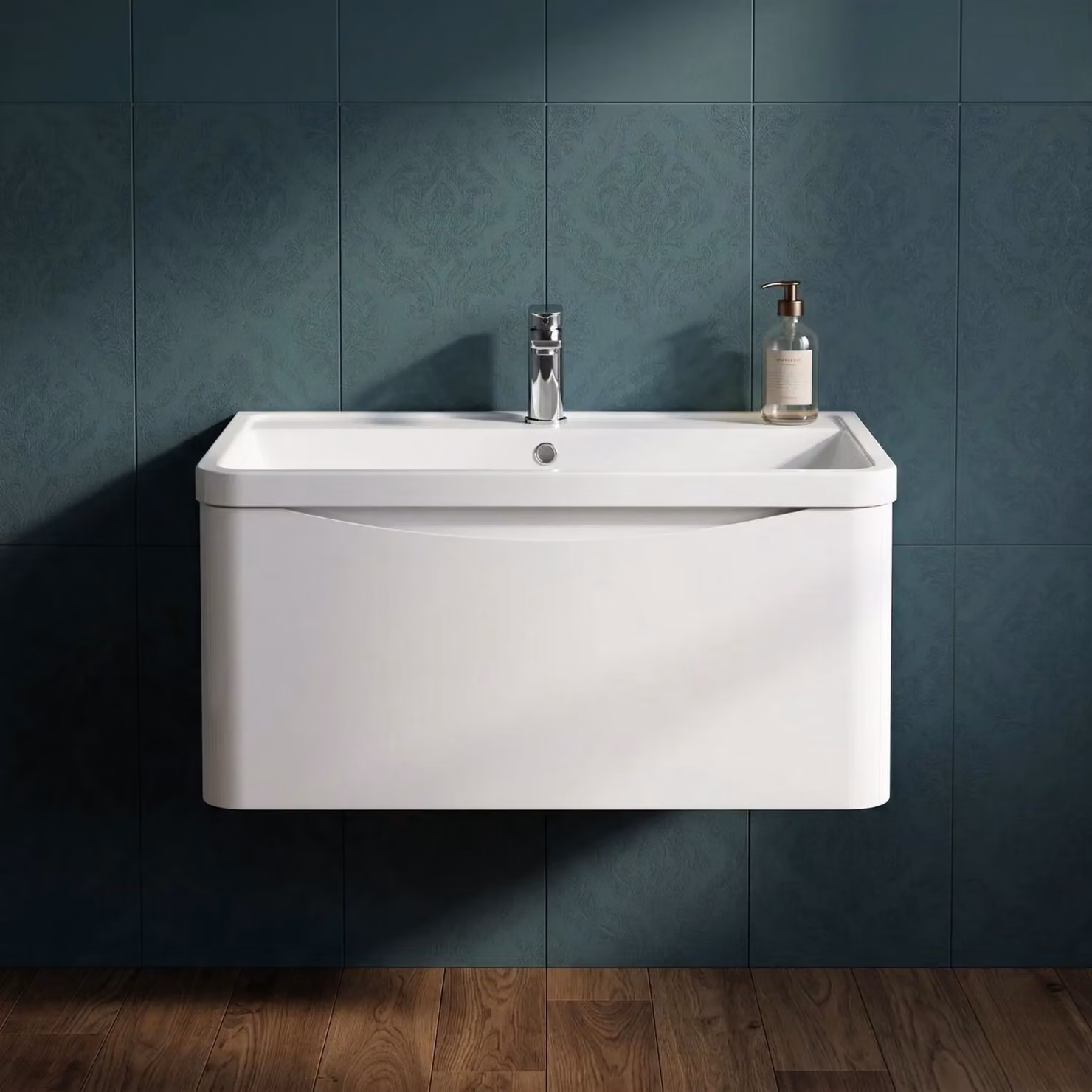 Balterley White Wall Hung 1 Drawer Bathroom Vanity with Polymarble Basin, Width: 80 cm – 5