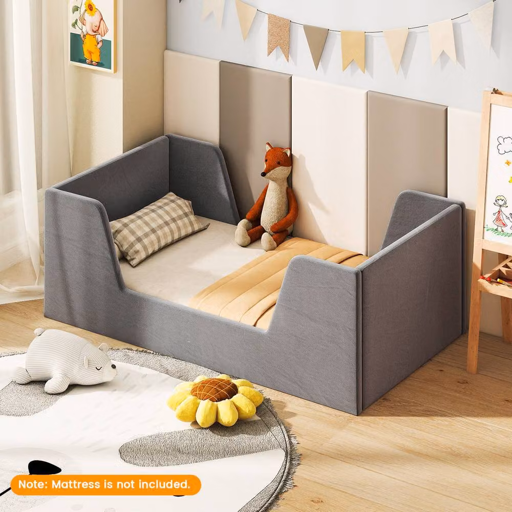 Costway Upholstered Toddler Bed Frame with Safety Rails and Headboard in Grey – 3