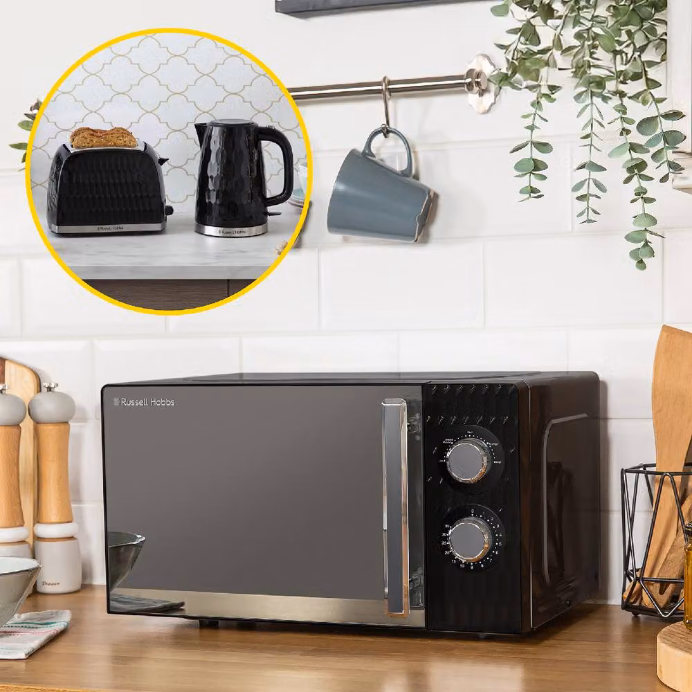 Russell Hobbs Honeycomb Bundle Set including Kettle, 2 Slice Toaster and Microwave in Black – 3