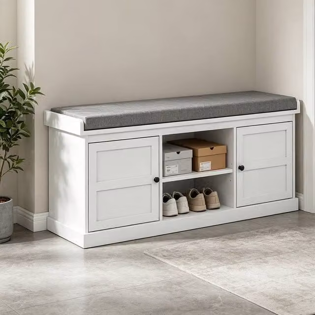 ERGOVEXA White Shoe Storage Bench with Grey Fabric Cushion Seat and Adjustable Shelves