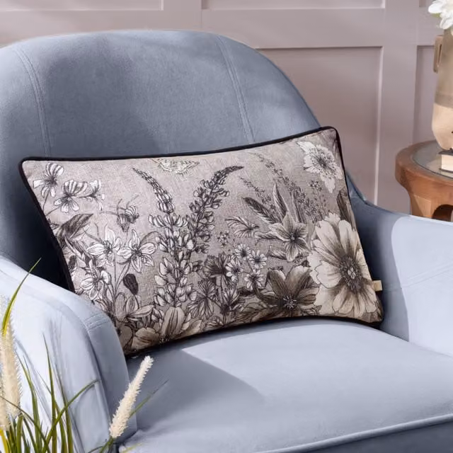 Wylder Nature Harlington Gardenia Floral Rectangular Velvet Cushion in Beige and Brown, W/H: 50 x 30 cm