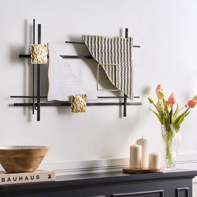 Wyld and Coco Geometric Abstract Metal Wall Art in Multicolour Gold Finish, W: 78 cm, H: 45 cm – 1