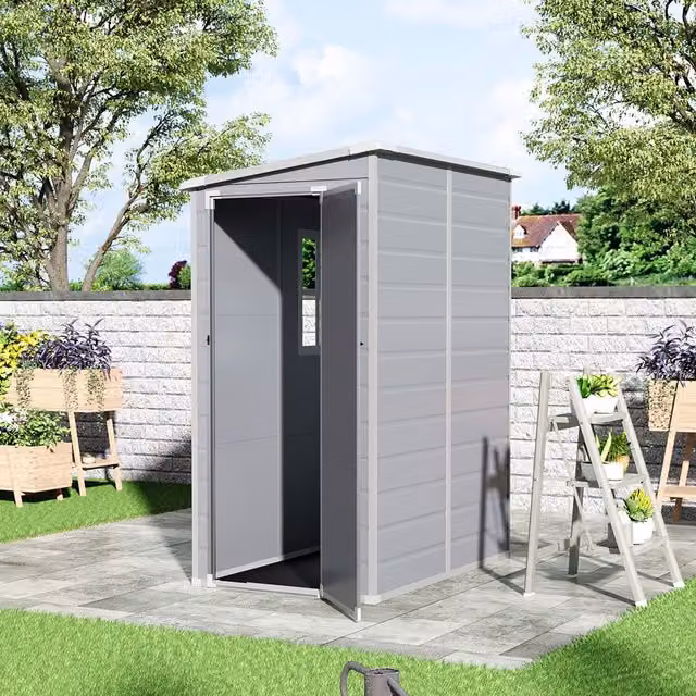 Breeins Plastic Outdoor Garden Shed with Lockable Pent Roof in Grey