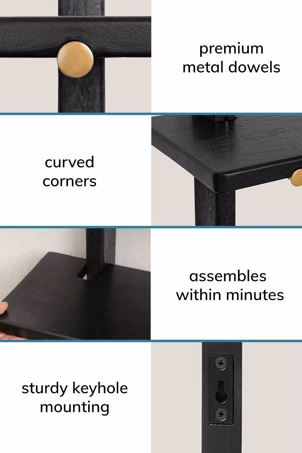 MH London 3-Tier Wall Mounted Floating Display Shelf in Black Mango Wood and Metal – 4