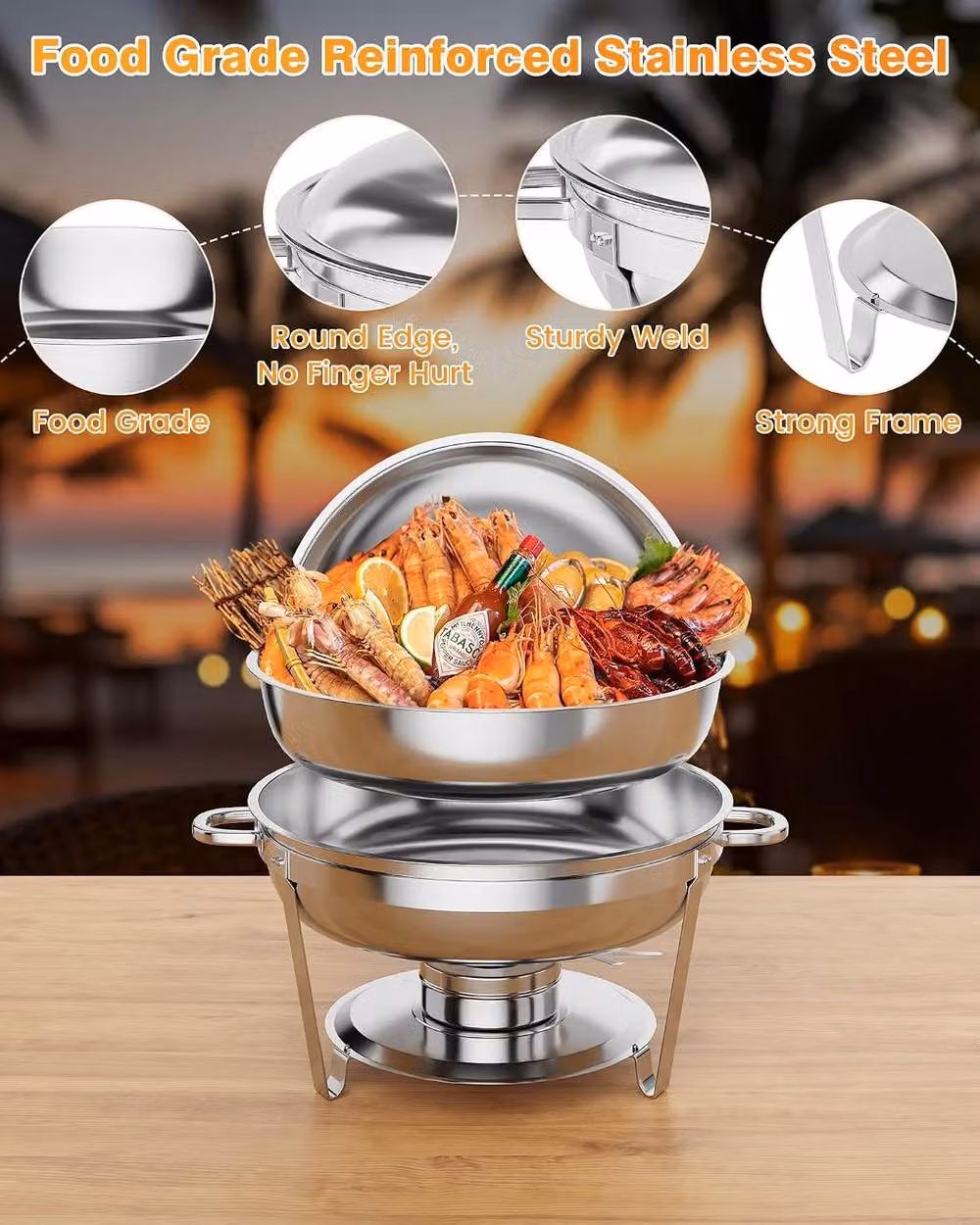 London Boutique 4CS Stainless Steel Chafing Dish Set, 5L Round Buffet Warmer with Lid Holder in Silver – 3