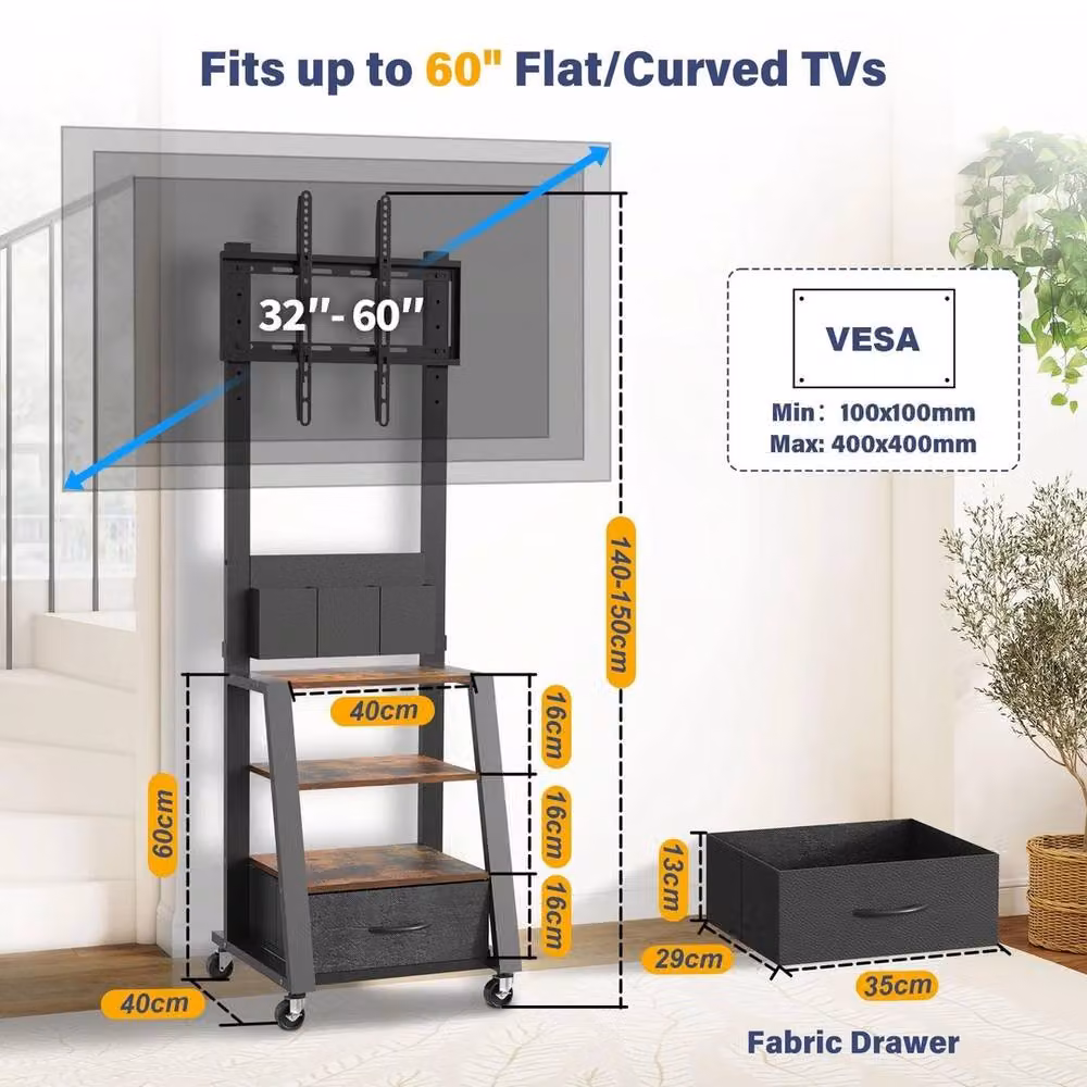 FORGEVIO Rolling TV Stand with Drawer and 3-Tier Storage for 23-60 Inch TVs, Black – 2