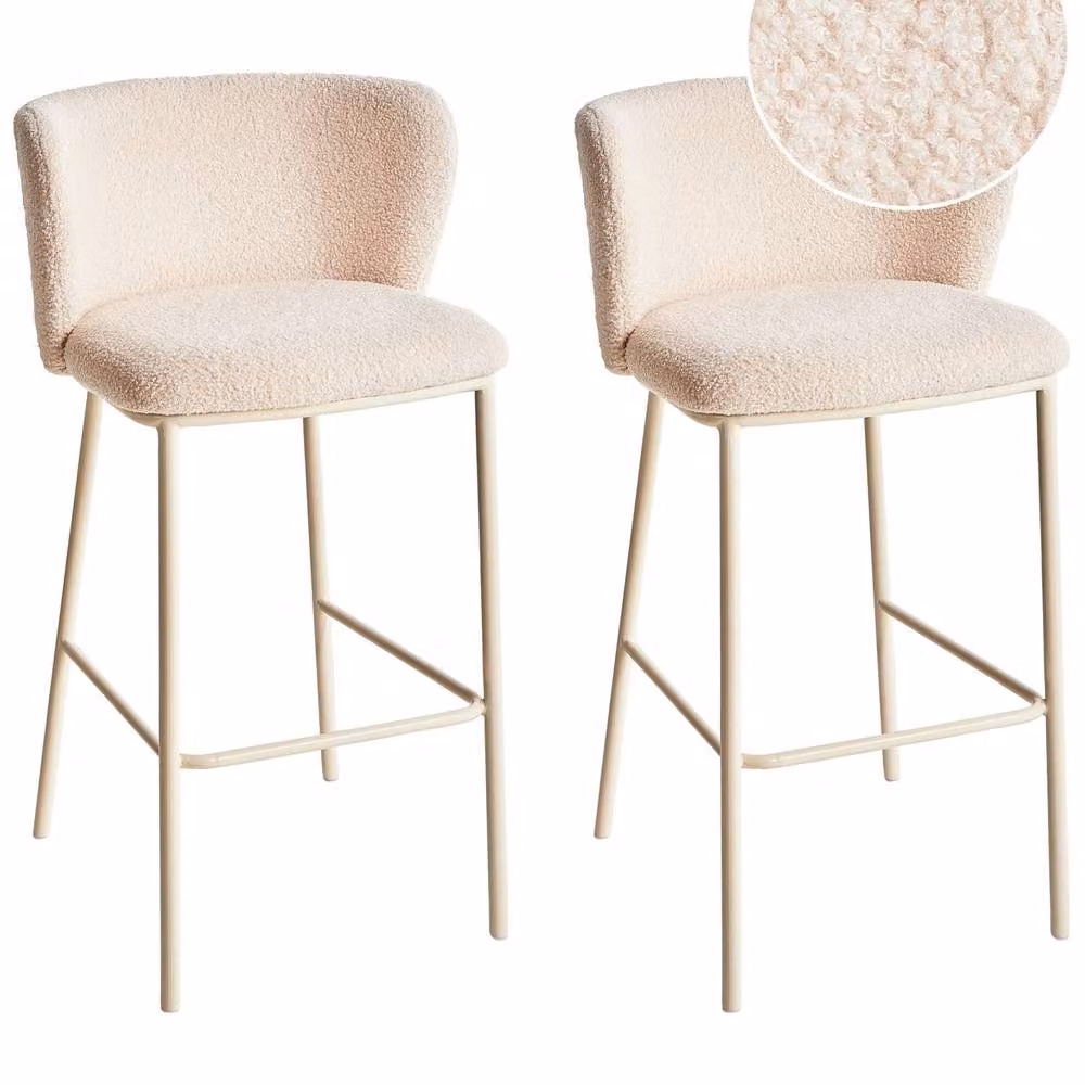 Wyld and Coco Beige Bouclé Bar Chairs Set of 2 with Armrests and Metal Legs – 2