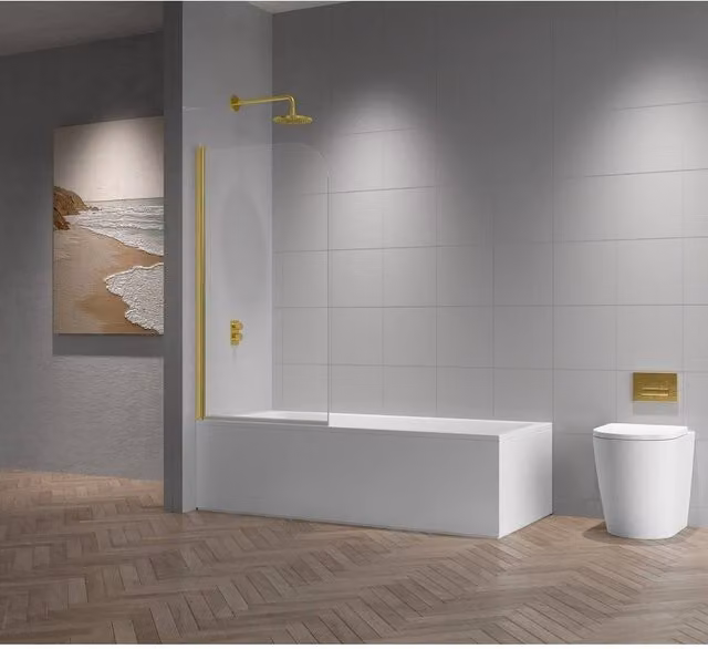 Bathroom Kingdom Vienna Hinged Bath Screen in Gold with 6mm Clear Glass, W: 800mm