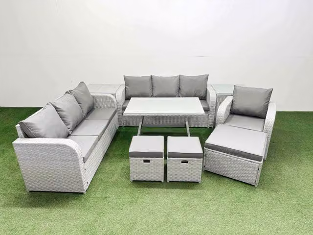 Fimous 9 Piece Light Grey PE Rattan Garden Furniture Set with 3 Seater Sofa, Armchairs, Ottomans and Side Tables