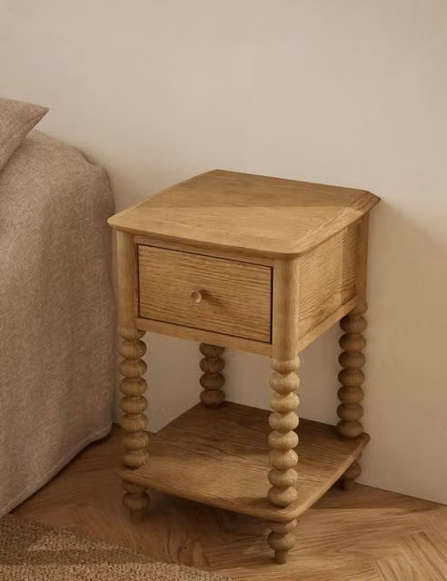 M&S Evelyn Bobbin Bedside Table in Dark Honey Oak Wood