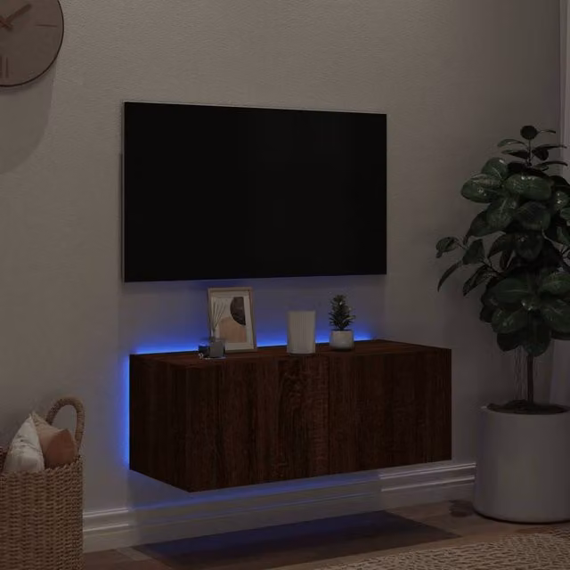 Berkfield Home Modern TV Wall Cabinet with LED Lights in Brown Oak, W/D/H: 80 x 35 x 31 cm