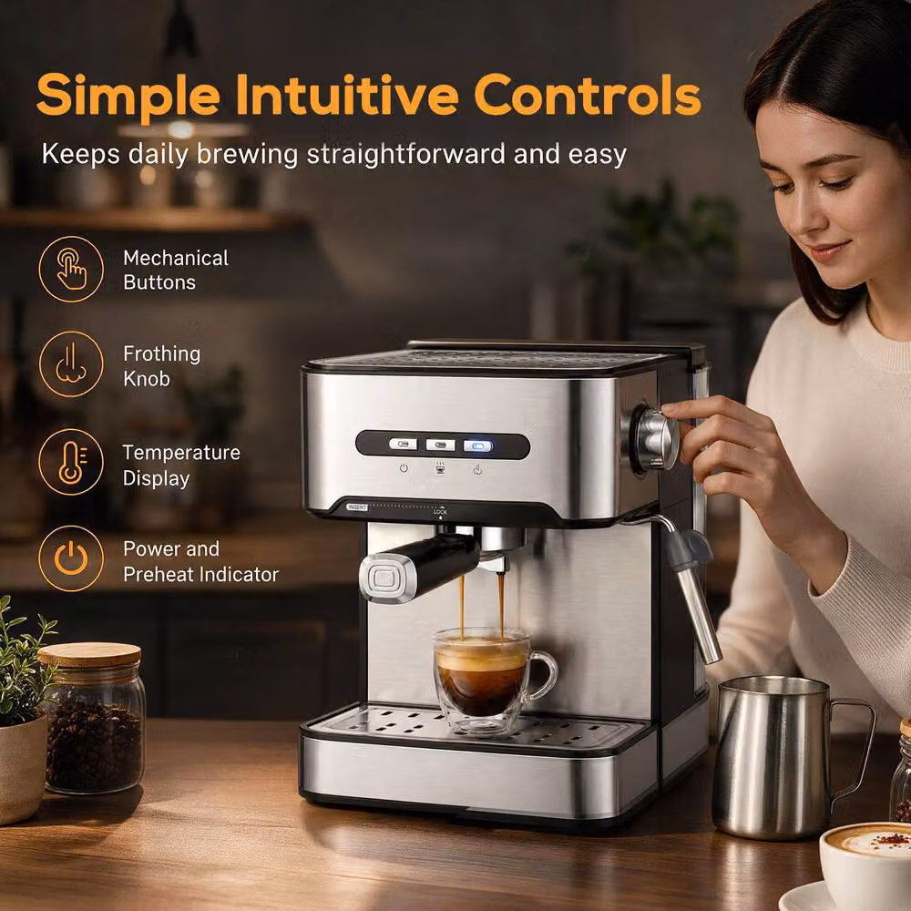 HOMCOM Semi-Automatic Espresso Machine with 20-Bar Pressure, Steam Wand, Cup Warmer and Hot Water Function in Black and Silver – 5