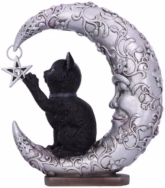 Nemesis Now Luna Companion Moon and Cat Ornament, Black, Height: 18.8 cm