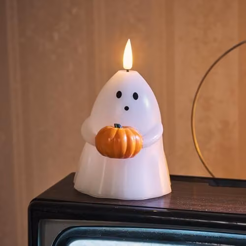 Lights4fun TruGlow Ghost Holding Pumpkin LED Pillar Candle in White, W/D/H: 10 x 10 x 10 cm – 1