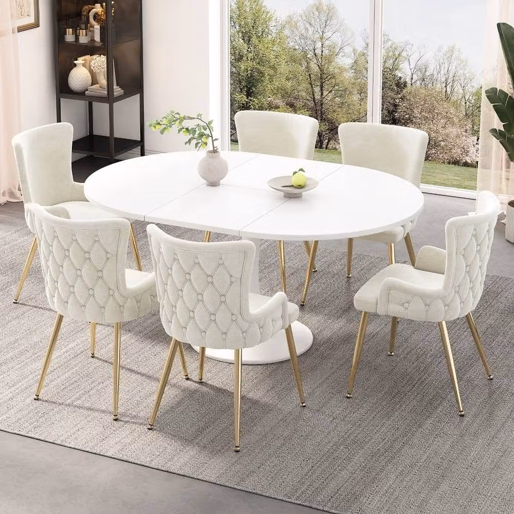 Rolipo Set of 6 Modern Beige Velvet Dining Chairs with Gold Metal Legs and Armrests – 2