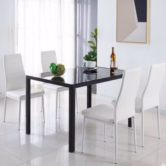 KOSY KOALA Modern Black Glossy Glass Dining Table and 4 White Faux Leather Chairs, W/D/H: 120 x 70 x 75 cm