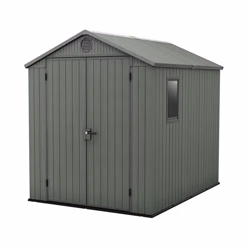 Keter Darwin Outdoor Resin Garden Shed in Green Evotech+ Wood-Look with Double Doors and Window – 1