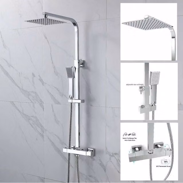 NESTLUNE Square Thermostatic Shower Mixer Set with Single Lever in Silver Chrome – 1