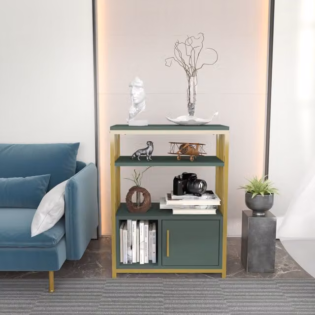 Decorotika Letos Industrial Bookcase with Metal and Wood Frame in Green and Gold