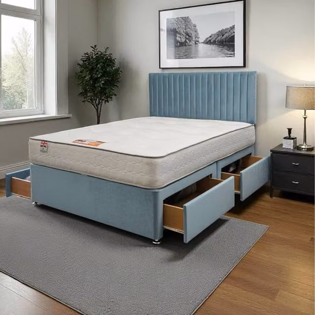 Knight Sleep Emily Plush Bed Set with Hybrid Mattress, 4 Drawers and Headboard in Blue/Grey, W/D/H: 120 x 200 cm