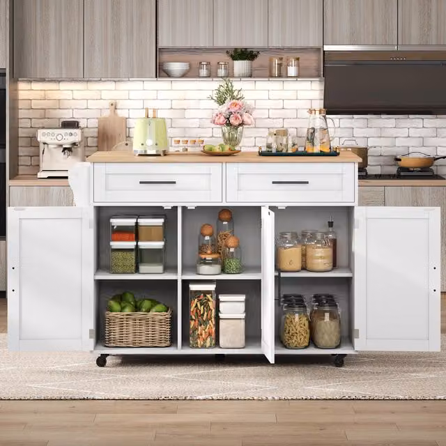 Aosom UK Modern Mobile Kitchen Island Trolley with 2 Drawers, Cabinets and Foldable Tabletop, White and Natural, W: 129 cm, D: 46 cm, H: 91.5 cm