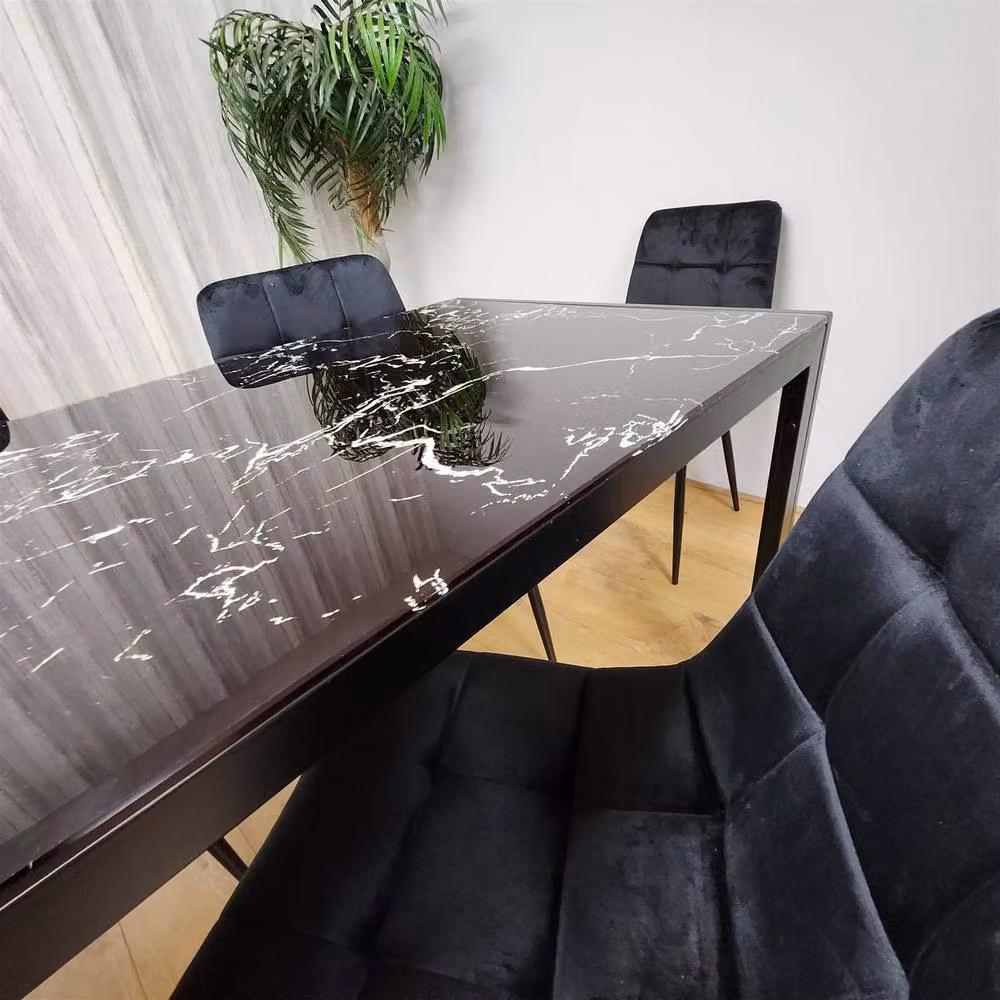 KOSY KOALA Black Glass Marble Effect Dining Table Set with Velvet Chairs, W/D/H: 140 x 80 x 75 cm – 4