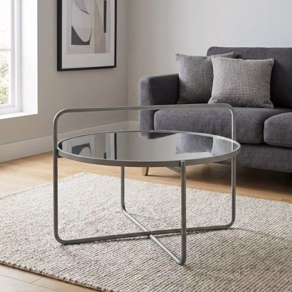 Garden Greatness Relica Round Top Side Coffee Table in Brown and Grey with Glass Top and Metal Sled Base, W/D/H: 65 x 50 x 65 cm