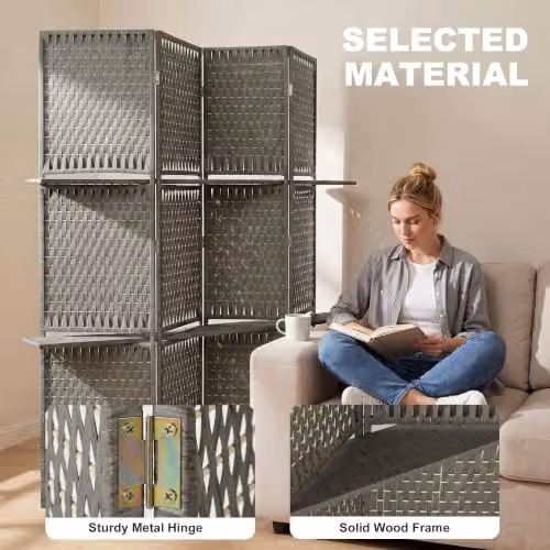 HOMCOM 4-Panel Folding Room Divider with Storage Shelves in Grey – 3