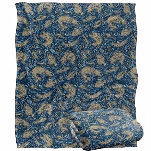 JQ Licensing Fish Array Fishing Pattern 2 Silky Touch Super Soft Fleece Throw Blanket, White, W/D/H: 152 x 127 cm