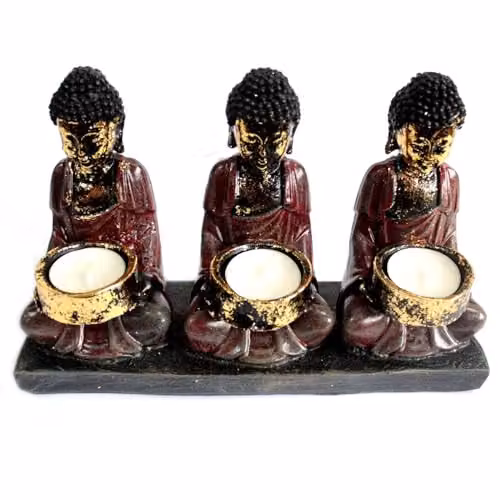 KDMD Antique Buddha Three Devotees Ceramic Tealight Candle Holder in Red