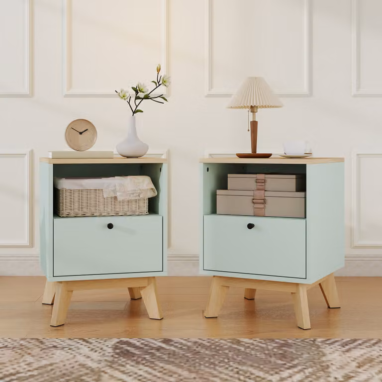 HOMCOM Modern Nightstand Set of 2 with Drawer and Open Shelf in Light Green and Black