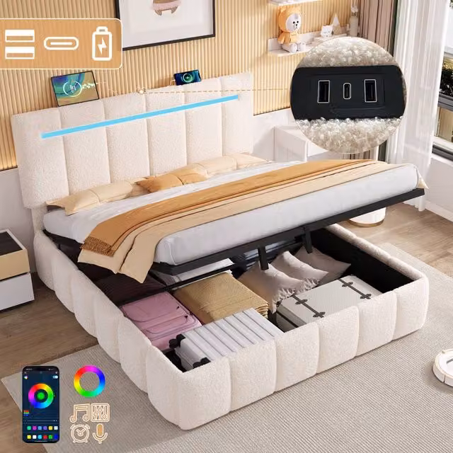Rolipo King Size Boucle Upholstered Bed Frame with Hydraulic Storage, LED Lighting and USB Charging Ports in Beige, W/D/H: 180 x 200 cm – 1
