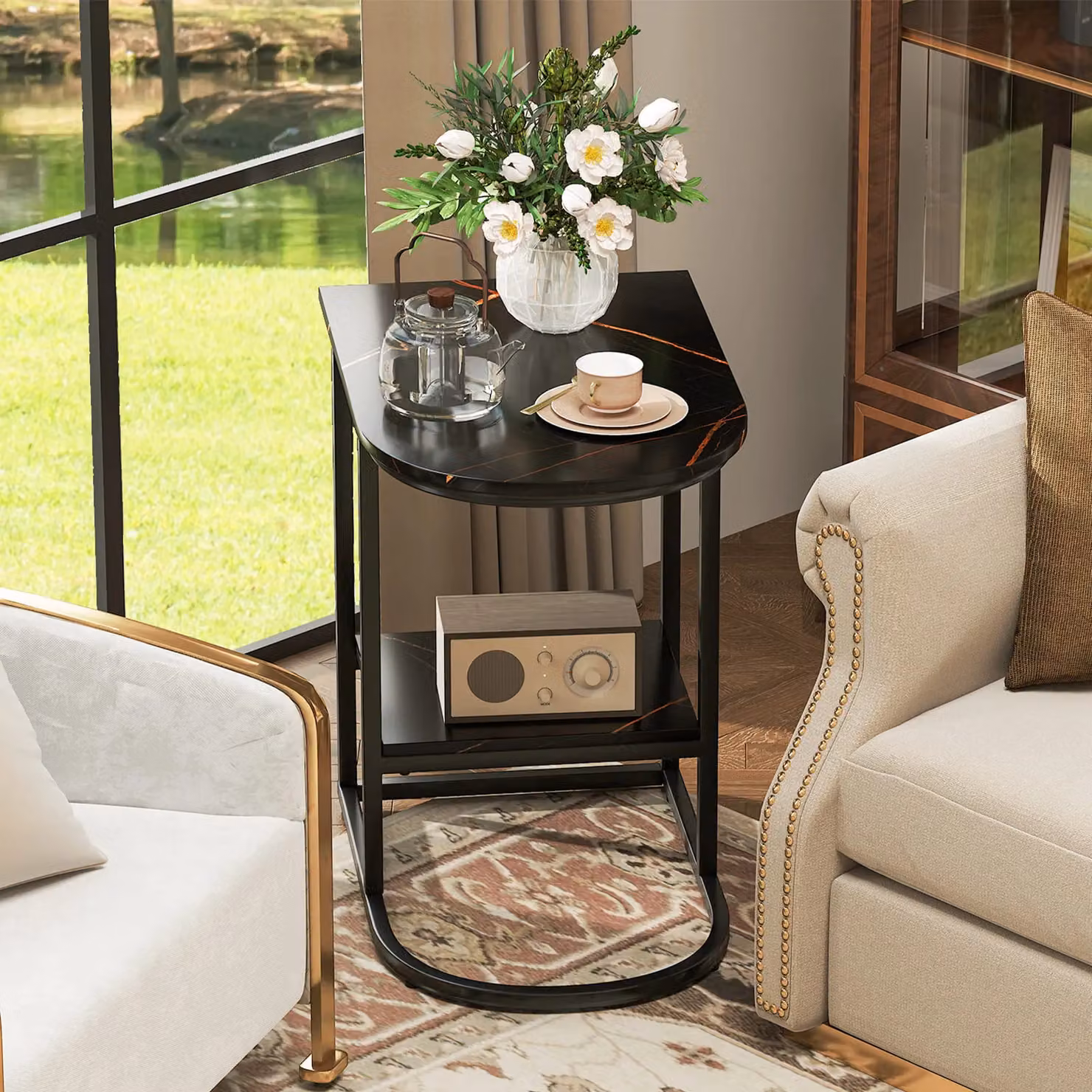 Gymax Modern C-shaped End Table with Storage Shelf in Black – 6