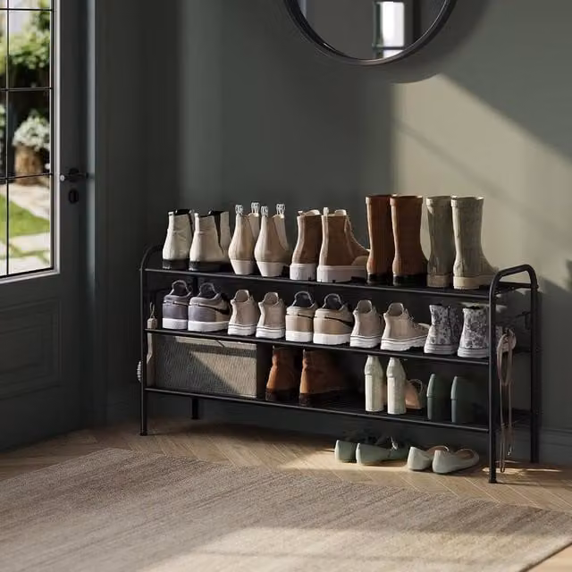The Bazaarist 3 Tier Adjustable Metal Shoe Rack with Hooks in Matt Black – 1