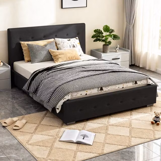 Comfy Living Black Fabric Upholstered Ottoman Storage Bedframe with Gas Lift Base, W/D/H: 140 x 200 cm
