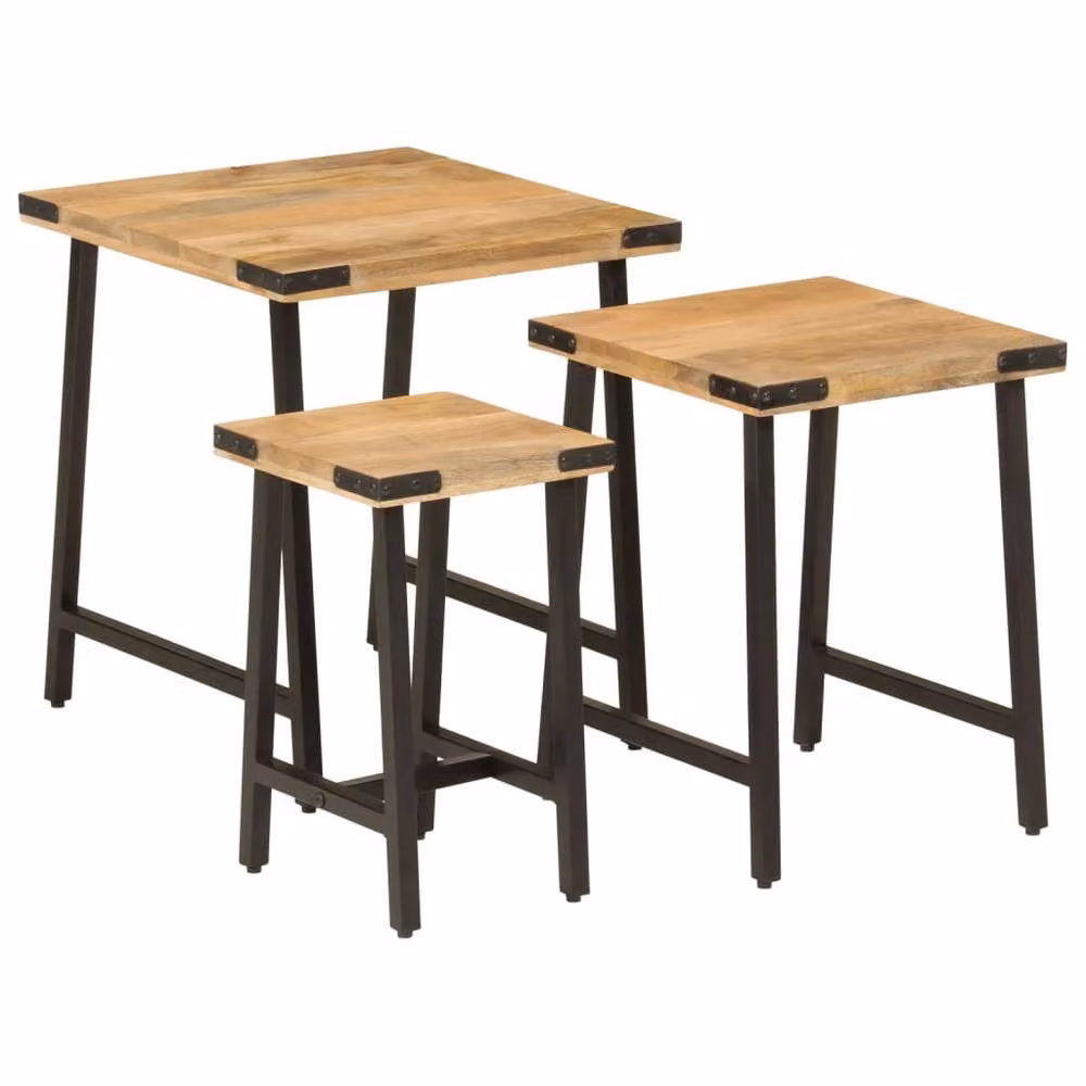 Berkfield Home Nesting Coffee Tables, Set of 3, Brown Mango Wood and Black Iron – 2
